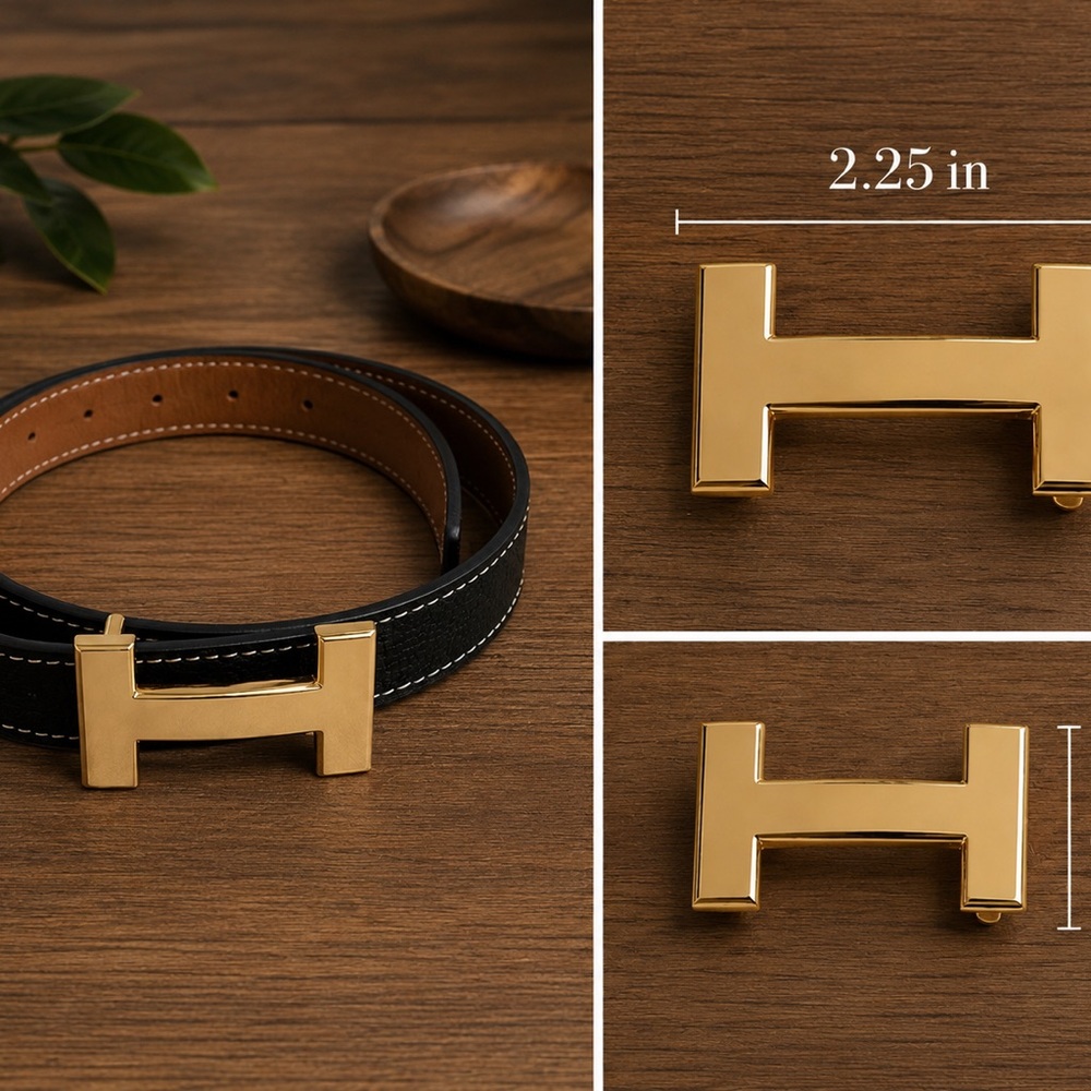 NWOT Gold H Buckle Black Vegan Leather Belt 43”